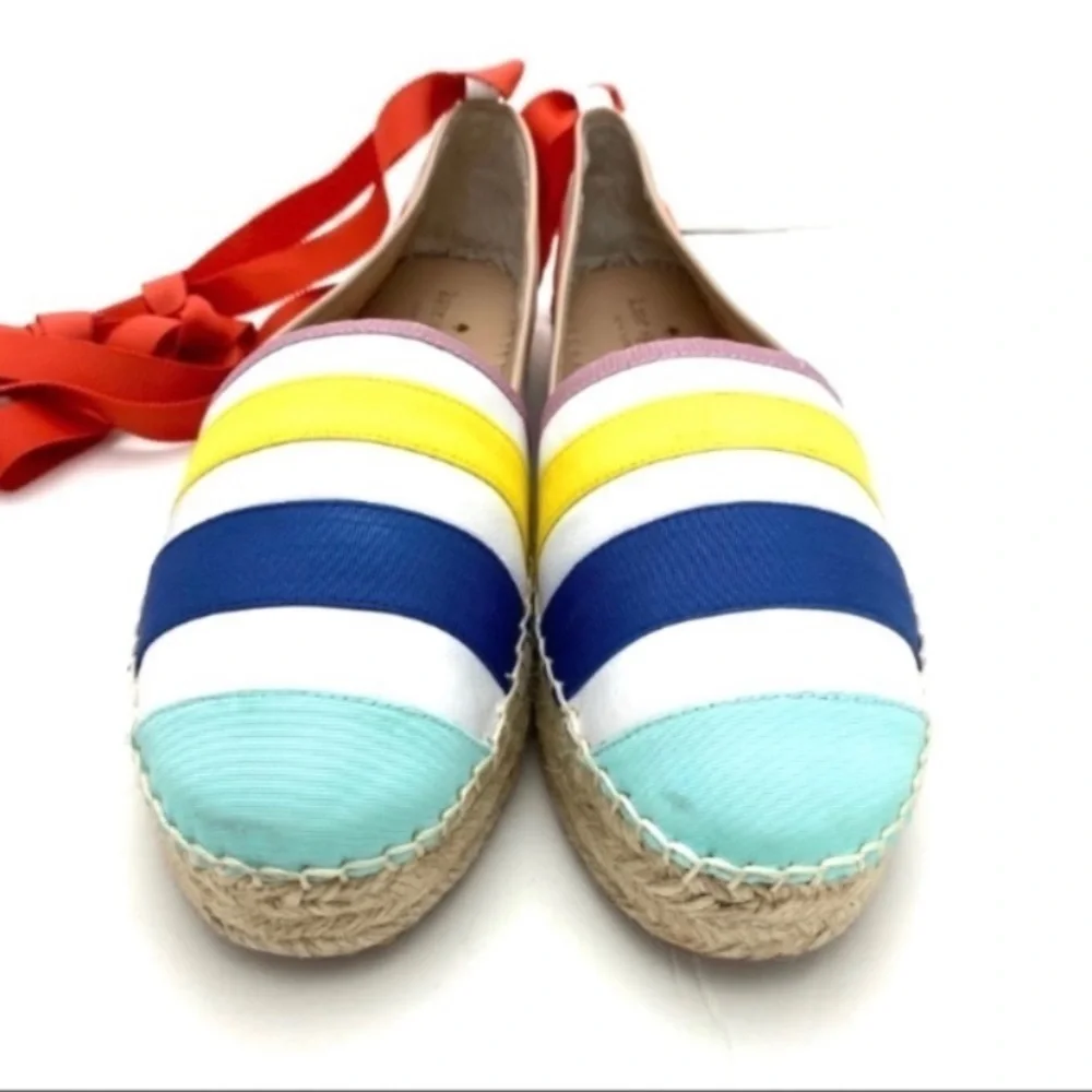 Kate Spade Leather Rainbow Striped Warped Ankle Espadrilles Platform Size 9